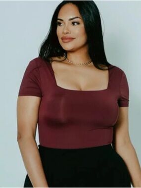 Klassy Network Square Neck Short Sleeve Bramisuit - L / Wine Bra Thong Bodysuit